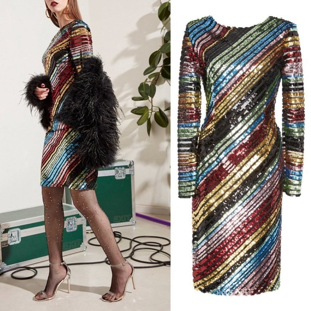 Alcoolique Peyton Tubolar Sequin Dress Rainbow Stripe Low Back Long‎ Sleeve Sz 2